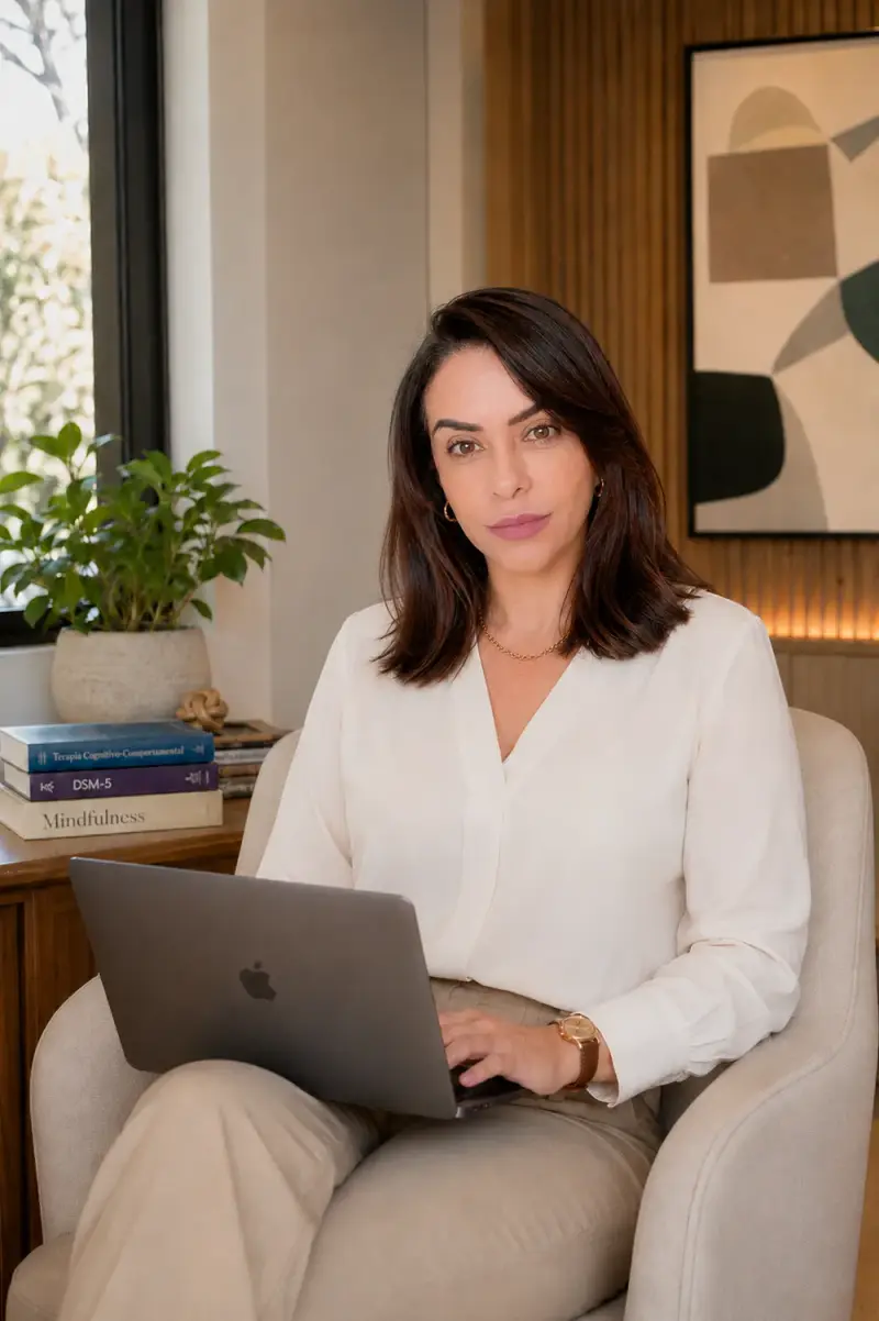Roberta Melo sentada em uma poltrona, com notebook no colo, em seu consultório