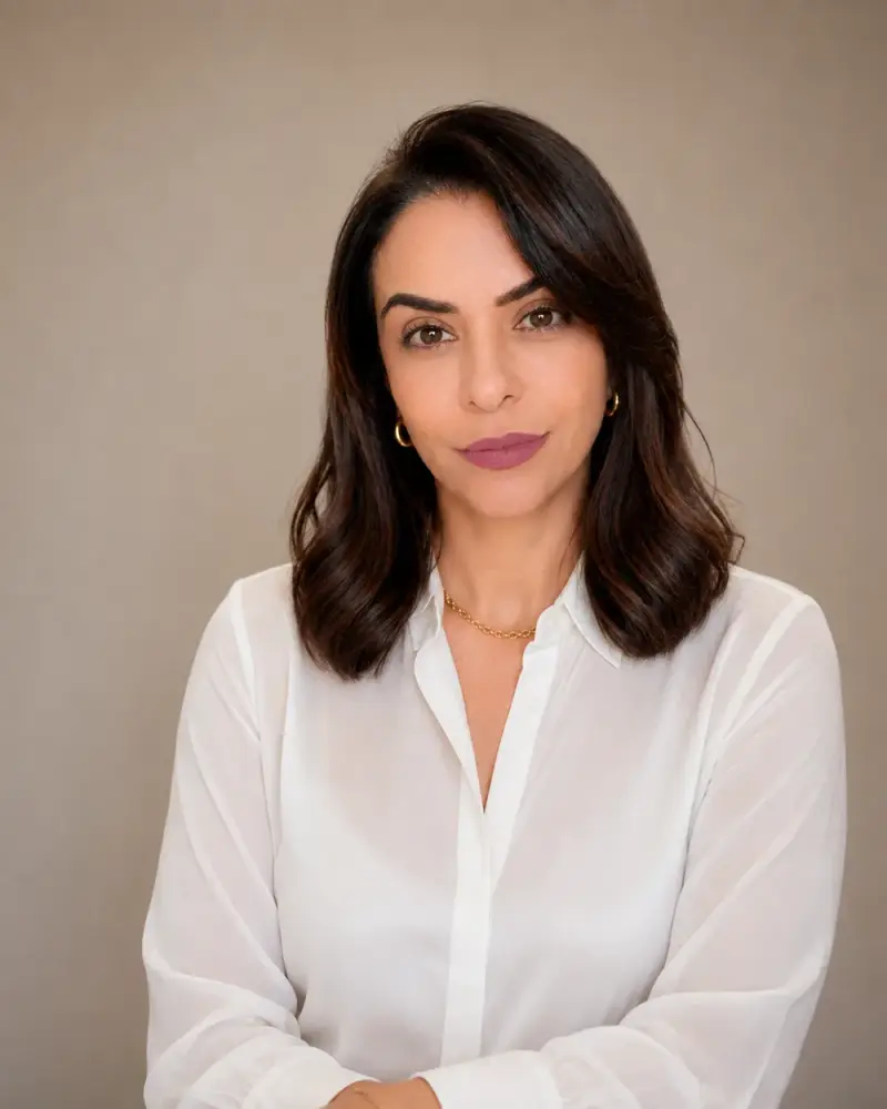 Retrato de Roberta Melo, psicóloga, de blusa branca, olhando para a câmera